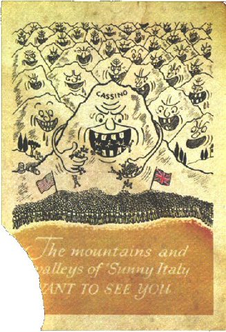 Octavilla propagandística alemana lanzada a las tropas aliadas. Las montañas y los valles de la soleada Italia desean conocerte